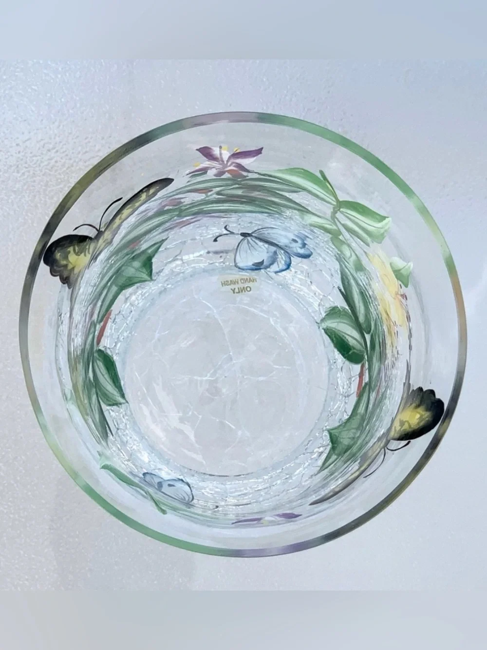 Fifth Avenue Crystal Butterfly Blossom Crackle Glass 6” Hurricane Candle Holder